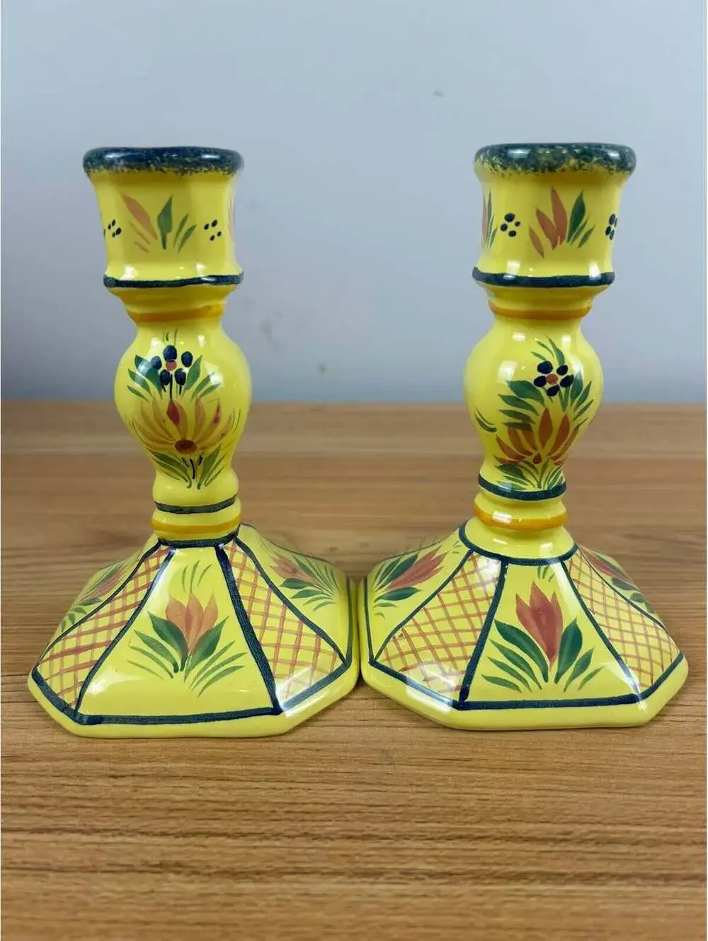 Henriot Quimper French Art Pottery Soleil Yellow Floral Candlestick Pair